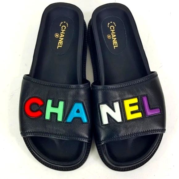 Chanel Black Leather Logo Letters Slides Sandals Size 37 - Picture 1 of 5